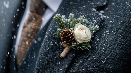 A winter wedding boutonniere featuring a white rose, pine sprigs, and a pinecone, elegantly pinned to a groom's dark wool coat in a snowy setting