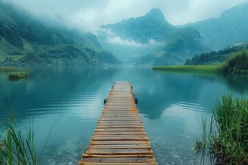 Canvas Print - Tranquil Mountain Lake with Wooden Pier