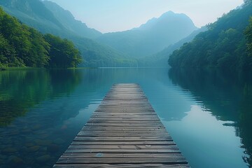 Poster - Serene Mountain Lake with Wooden Dock