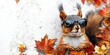© Irina Ukrainets - A cool squirrel wearing stylish sunglasses poses among vibrant autumn leaves. This charming wildlife image captures the playful spirit of nature in a fun and engaging style. AI