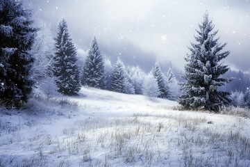 Wall Mural - Snowy Winter Forest Landscape with Pine Trees and Falling Snow