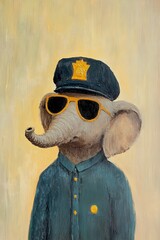 Poster - A simple painting of a serious elephant with policeman suit , policeman cap and sunglasses, in oil paint, minimalistic, cute and funny