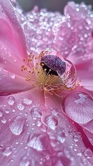 A close-up macro image of a pink flower with delicate petals covered in numerous water droplets. One prominent water droplet near the center of the flower acts as a lens, magnifying and distorting the