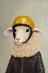 Sticker - A simple painting of a sheep with motorbike helmet leather jacket, in oil paint, minimalistic, cute and funny