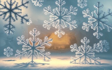 A soft, ethereal scene of delicate snowflakes falling against a backdrop of a warm, inviting light.