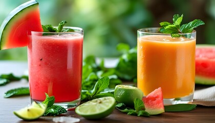 Vibrant summer slushies in watermelon and orange flavors, garnished with fresh mint and lime, embodying refreshing tropical escape and healthy indulgence