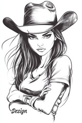 Poster - Art illustration simple line about a beautiful cowgirl, mad position, for t-shirt