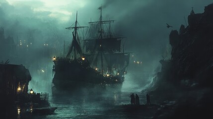 Poster - A cursed pirate ship stranded in a dark, foggy harbor, with tattered sails, glowing lanterns, and ghostly figures standing on the deck, watching the misty sea