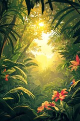 Wall Mural - Simple shape poster illustration of a tropical rainforest canopy at sunrise