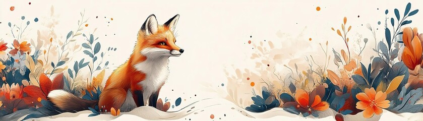 A vibrant fox sits among colorful flowers in a serene landscape, capturing the beauty of nature and wildlife.