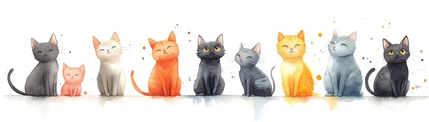 A charming lineup of colorful cats, each with distinct expressions and features, perfect for animal lovers and pet enthusiasts.