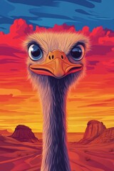 Wall Mural - vector retro illustration, desert, ostrich in the center with a funny face and a hat