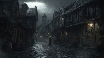 Poster - A dark medieval street lined with crooked wooden houses, cobblestone roads, and shadowy figures moving through the mist as a distant bell tolls in the night