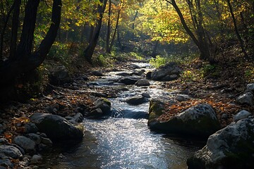 Sticker - Tranquil Stream Flowing Through a Lush Forest