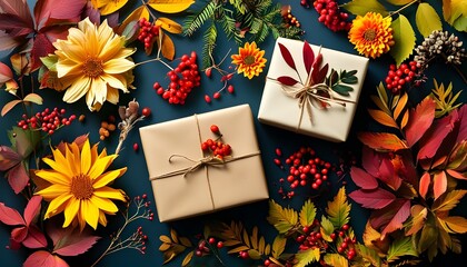 Autumn floral arrangement with vibrant leaves and berries encircling festive wrapped gifts, embodying celebration and seasonal joy.