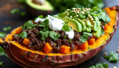 Savory sweet potato boats loaded with ground beef, avocado, sour cream, and cilantro for a deliciously healthy dining experience