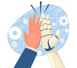© VectorBum - Human collaboration with artificial intelligence. Cartoon bionic hand gives five to human limb. Robot and people cooperation. Android and businessman working together. Vector concept