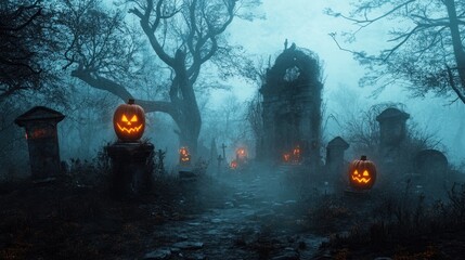 Wall Mural - A haunted graveyard with overgrown tombstones, dead trees, and glowing jack-o-lanterns lighting the foggy path as ghostly figures float among the shadows