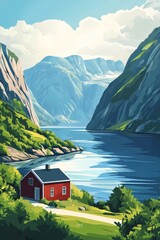 Poster illustration of the fjords of Norway surrounded by steep green cliffs and a tiny red house on the shore