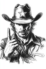 Poster - wild west cowboy with a sheriff star on his hat, saluting with two fingers, vector line art