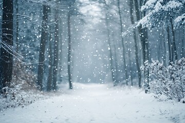 Wall Mural - Snowy Forest Path with Falling Snowflakes in Winter