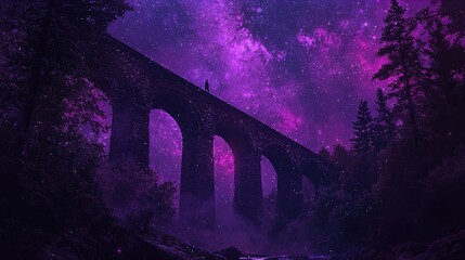 Wall Mural - A dark, starry night sky filled with bright, purple-toned galaxies creates a mystical backdrop for a tall, ancient, arched stone bridge. The bridge, bathed in soft moonlight, stands amidst a dense for