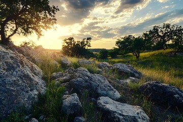 Poster - Golden Sunset over rocky hillside with green grass and trees