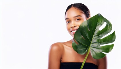  High quality photo. Monstera, portrait or woman with plant for beauty on white background