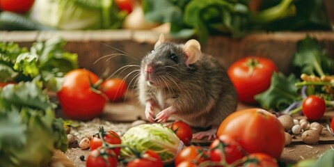 Charming rodent nestled among fresh produce in the stable