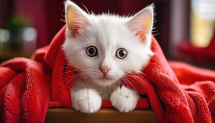 Wall Mural - High quality photo. Close up cute white kitten in a red towel 