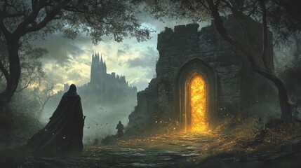 Wall Mural - A medieval knight standing before an ancient portal glowing with mystical energy, with a dark castle in the distance and shadowy figures watching from the trees