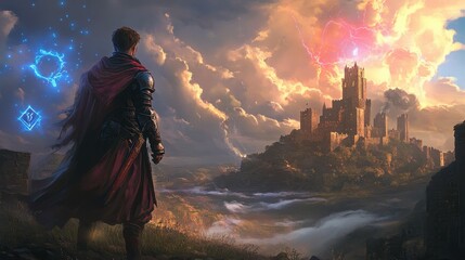 A medieval knight standing before a magical barrier protecting a castle, with glowing runes swirling in the air and a distant storm crackling with magical energy