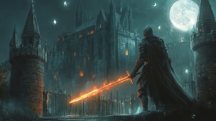 Wall Mural - A medieval knight wielding a glowing enchanted sword, standing at the gates of a dark castle, with ethereal spirits floating above the battlements in the moonlight