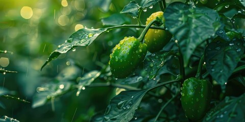 Wall Mural - Water droplets on maturing peppers hanging on the vine after rainfall in a garden.