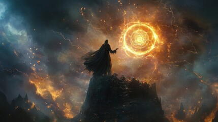 A medieval sorcerer casting a powerful spell from the top of a dark tower, with glowing symbols swirling in the air and lightning crackling around him as he summons ancient magic