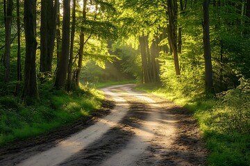 Wall Mural - Sunlit Forest Path,  Winding Dirt Road Through Lush Greenery