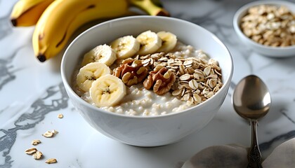 Wall Mural - Delicious creamy oatmeal porridge topped with banana slices and walnuts in a stylish white bowl on a marble surface