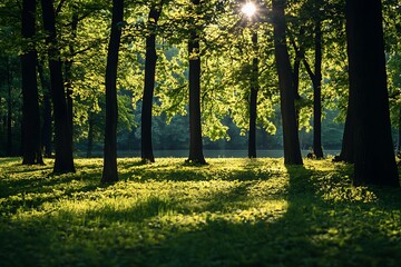 Canvas Print - Sunlight through trees in a forest creating sunbeams and dappled light