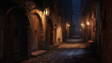 Poster - A narrow medieval alleyway at night, with cobblestone streets, old wooden doors, and the faint glow of lanterns casting long shadows on the walls