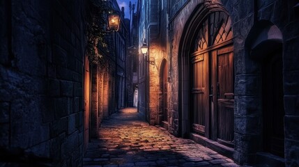 Poster - A narrow medieval alleyway at night, with cobblestone streets, old wooden doors, and the faint glow of lanterns casting long shadows on the walls