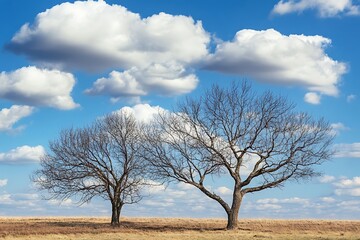 Two bare trees against a blue sky with fluffy white clouds, nature photography