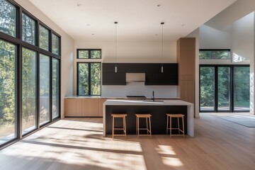 Modern kitchen with large windows, wooden flooring, and a stylish island with bar stools.