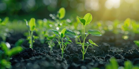 Wall Mural - Pea Plant Shoots Flourishing in Garden Bed during Spring Afternoon Sunlight