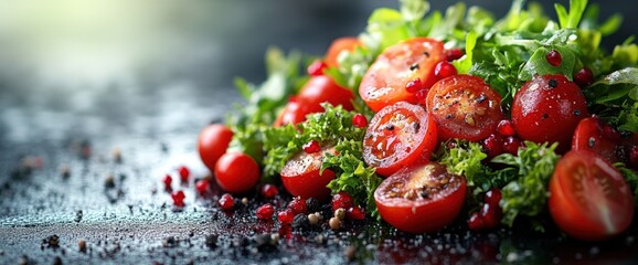 Fresh cherry tomatoes and greens arranged on a dark surface, highlighting healthy eating.