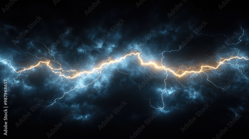 Bright lightning bolt cuts through dark stormy clouds, illuminating the ...