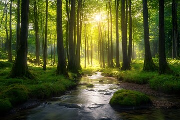 Poster - Sunlight shining through trees in a lush green forest with a flowing stream