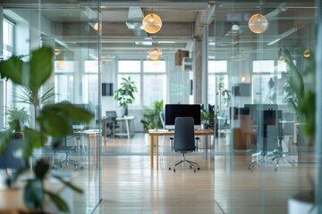 Wall Mural - A glass office with a desk and chair in the middle