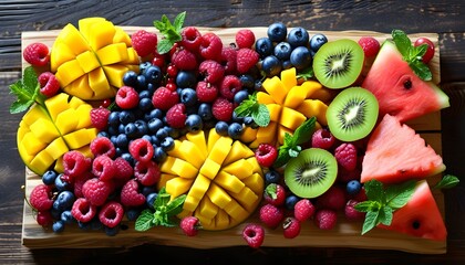 Vibrant tropical and berry fruit platter featuring mango, kiwi, watermelon, raspberries, blueberries, and fresh mint arranged on a rustic wooden board