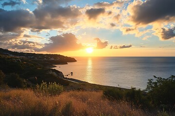 Sticker - Stunning Sunset over the Mediterranean Sea with Cloudy Sky and Coastal Landscape