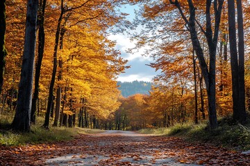 Canvas Print - Scenic fall foliage pathway through autumn forest